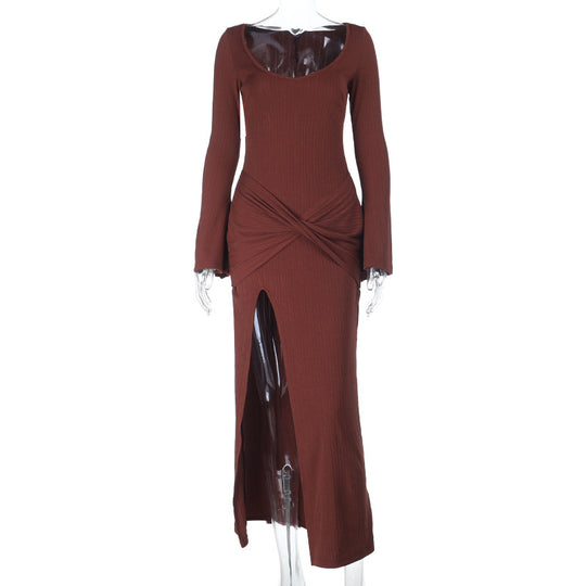 Damen elegantes langärmeliges Maxi-Kleid mit raffiniertem Wickel-Design und hohem Schlitz EB