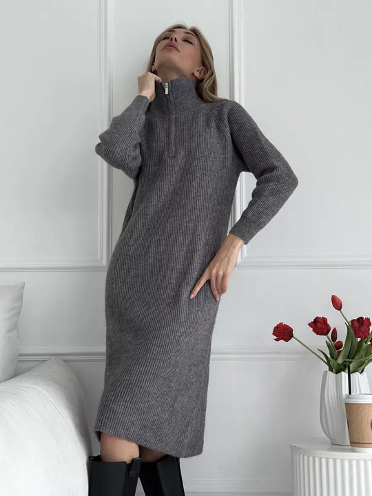 Damen Strickkleid mit Stehkragen und durchgehendem Reißverschluss EB