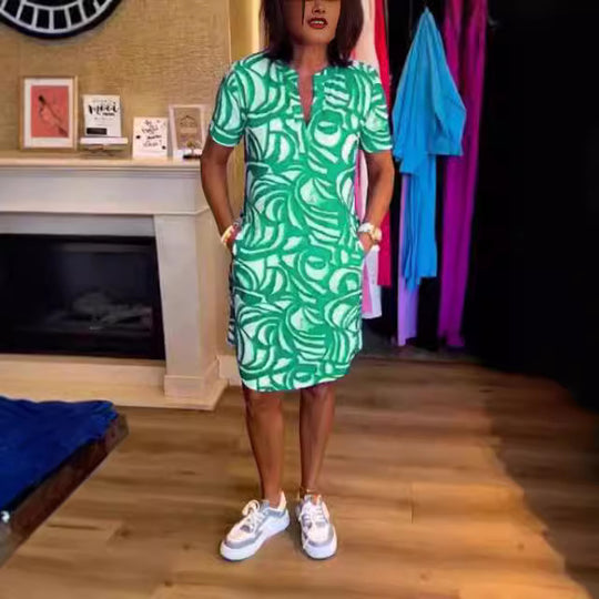 Damen Kurzarm Hemdkleid mit modernen grafischen Mustern und praktischen Eingrifftaschen EB
