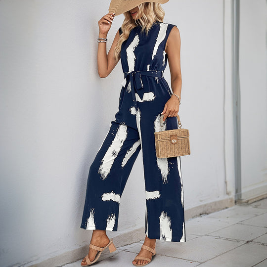 Damen Modischer Jumpsuit mit Taillengürtel und weitem Bein EB