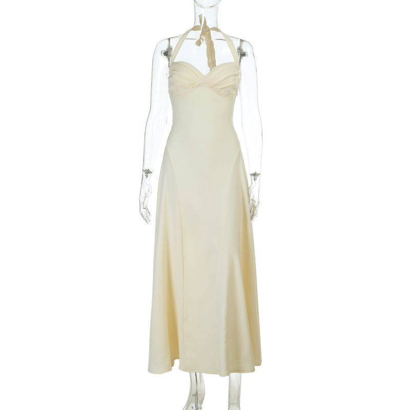 Damen elegantes Maxikleid mit Halter-Ausschnitt und fließendem Satin-Stoff EB