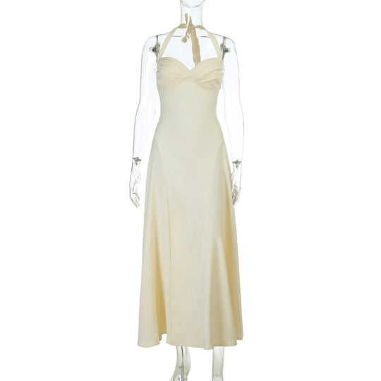 Damen elegantes Maxikleid mit Halter-Ausschnitt und fließendem Satin-Stoff EB
