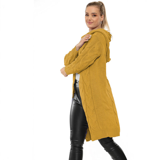 Damen Großer Strickmantel mit Kapuze und aufwendiger Zopfmusterstruktur EB