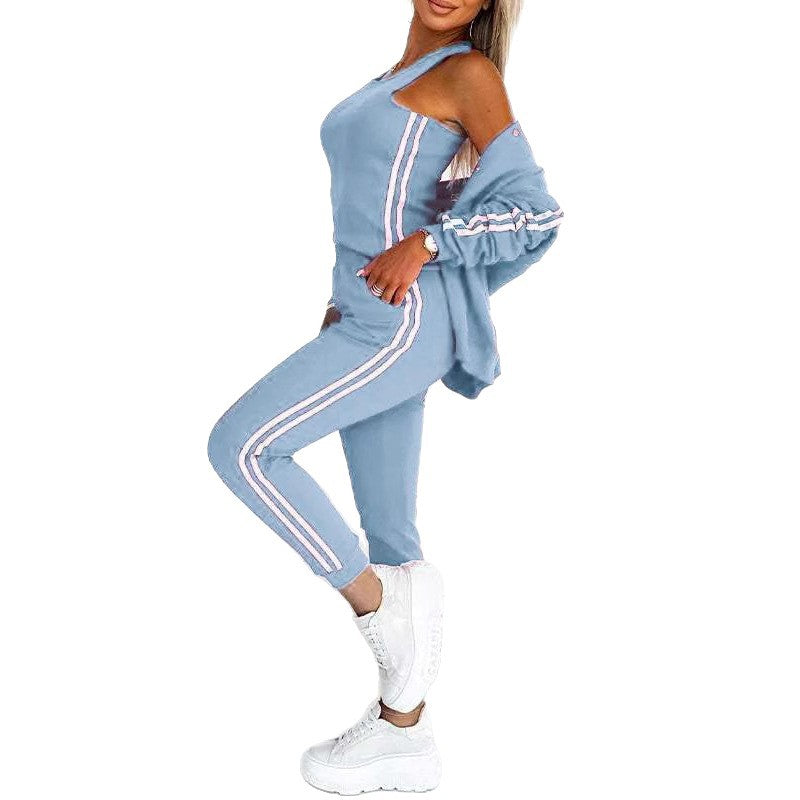 Damen nan sportliches Jogginganzug-Set mit Collegejacke, kurzes Top und slim-fit Jogginghose EB