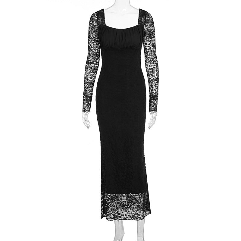 Damen elegantes Spitzenkleid mit langem Arm und figurbetontem Schnitt EB