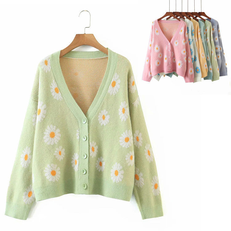 Damen Strickjacke mit Blumenmuster und V-Ausschnitt EB