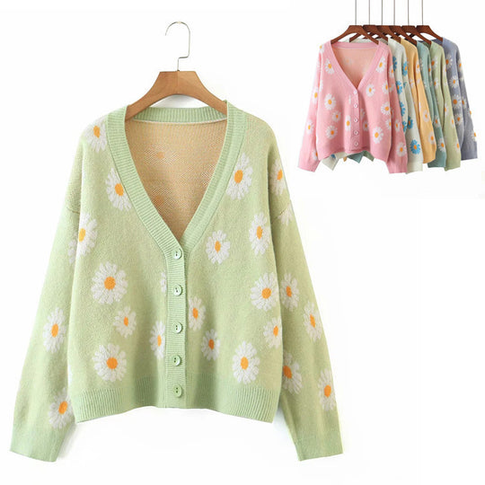 Damen Strickjacke mit Blumenmuster und V-Ausschnitt EB