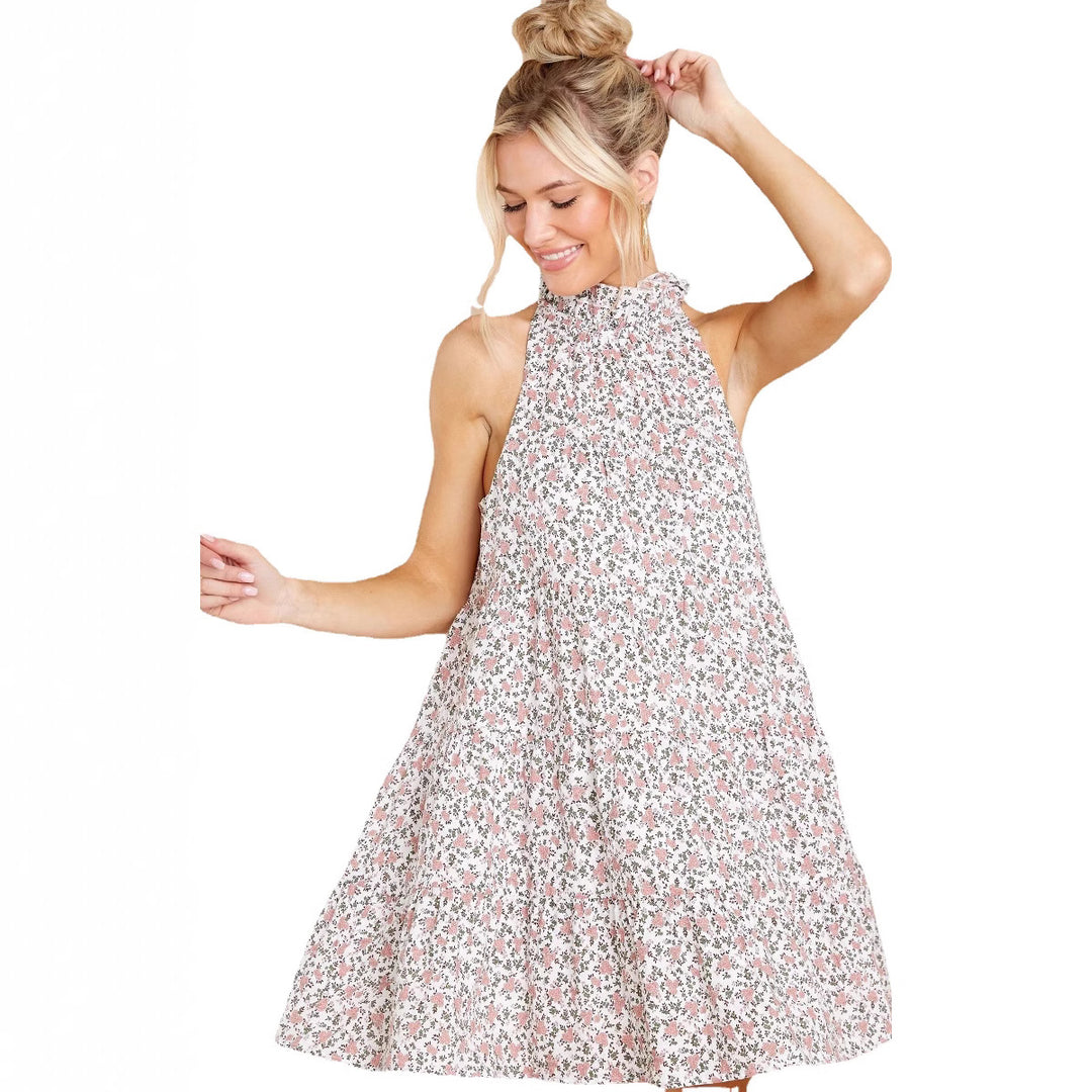 Damen Neckholder-Kleid mit verspielt-floralem Design und Rüschendetails EB