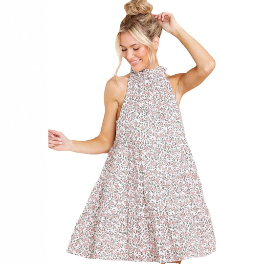 Damen Neckholder-Kleid mit verspielt-floralem Design und Rüschendetails EB