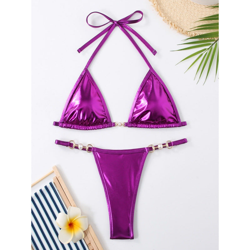 Damen Triangel-Bikini mit Metallic-Finish und goldenen Schmuckdetails EB
