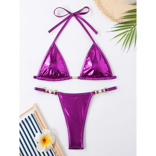Damen Triangel-Bikini mit Metallic-Finish und goldenen Schmuckdetails EB