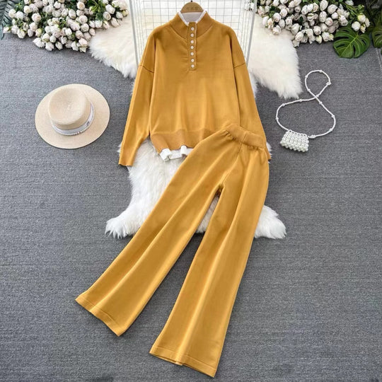 Damen Loungewear-Set mit hoher Rippstruktur und Knopfdetaillierung EB