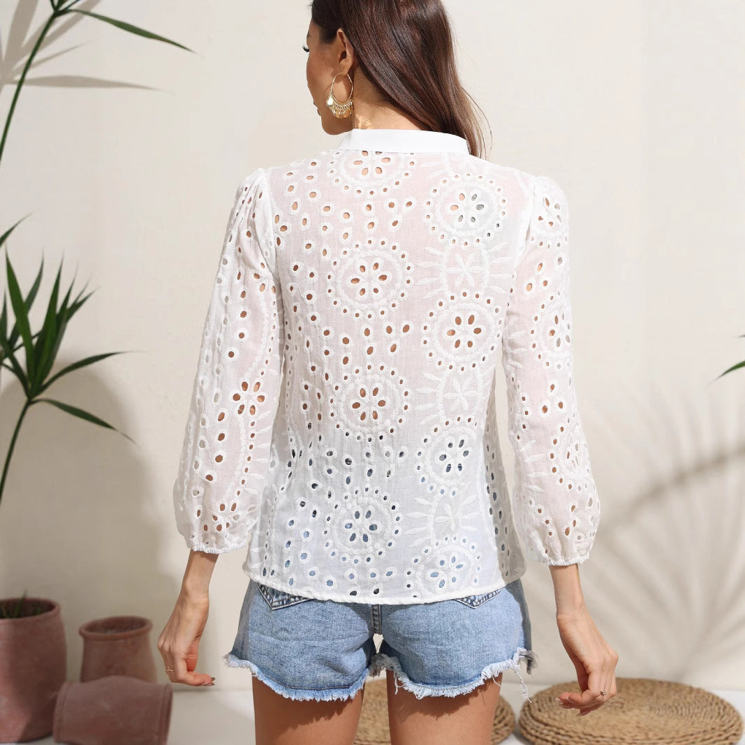 Damen Bluse mit Lochmuster und langen Puffärmeln EB