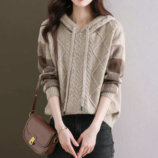 Damen Strickpullover mit Kapuze und modischem Karomuster EB
