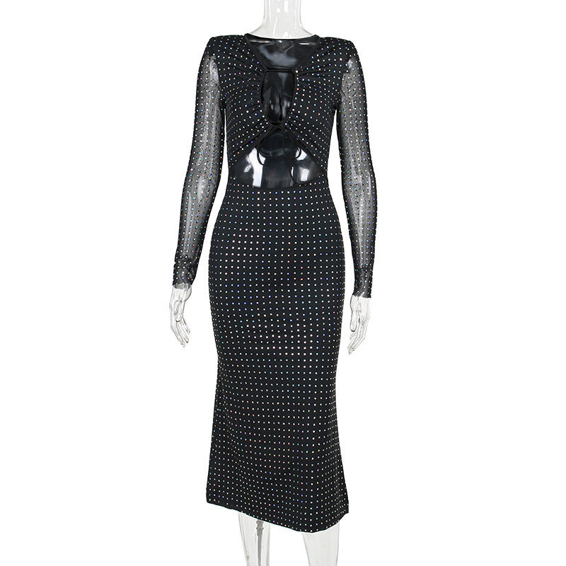 Damen Elegantes Maxikleid mit transparenten Ärmeln und Rüschendetails EB