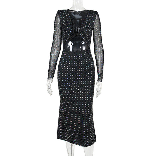 Damen Elegantes Maxikleid mit transparenten Ärmeln und Rüschendetails EB