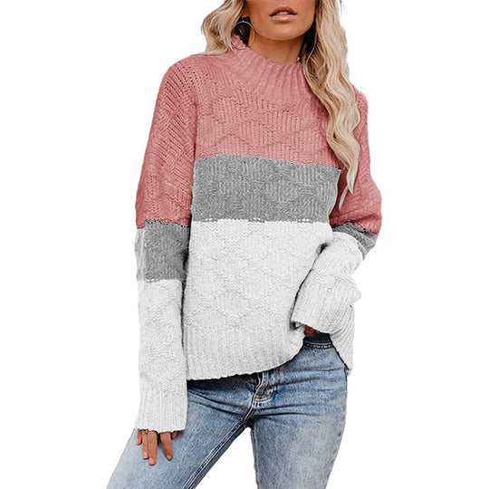 Damen farbenfroher Strickpullover mit strukturiertem Muster und hohem Kragen EB
