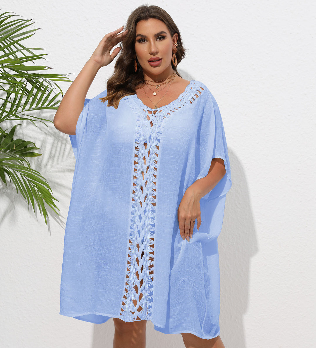 Damen Luftiger Strandkimono mit dekorativer Häkelspitze EB