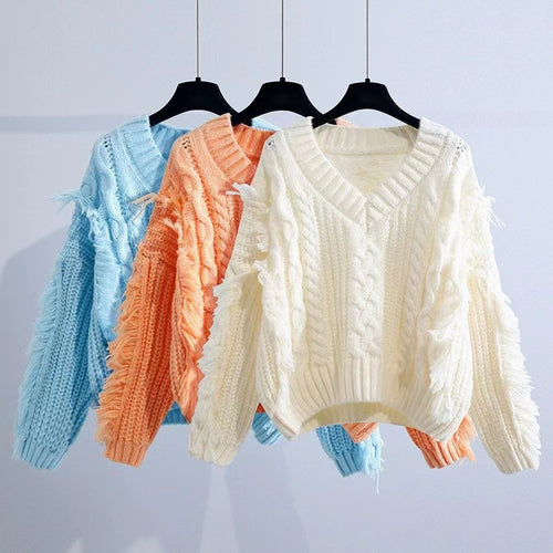 Damen Stylischer Strickpullover mit Fransen und Zopfmuster EB