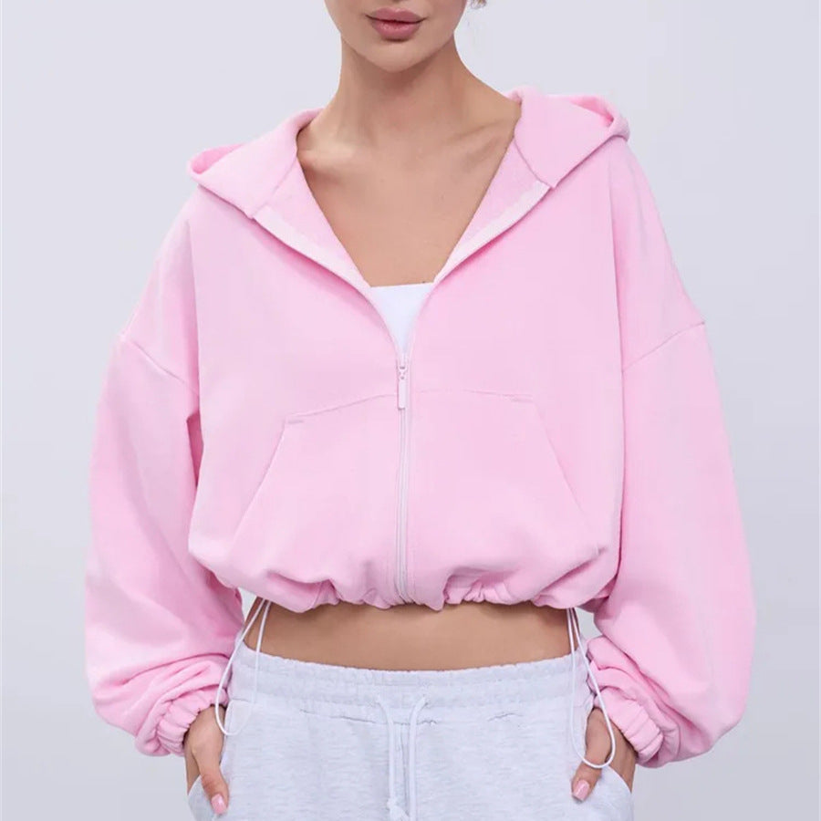 Damen legeres Cropped-Fleece-Hoodie mit Tunnelzugbund, Raglanärmeln und Reißverschluss Eichborn Berlin