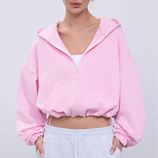 Damen legeres Cropped-Fleece-Hoodie mit Tunnelzugbund, Raglanärmeln und Reißverschluss Eichborn Berlin