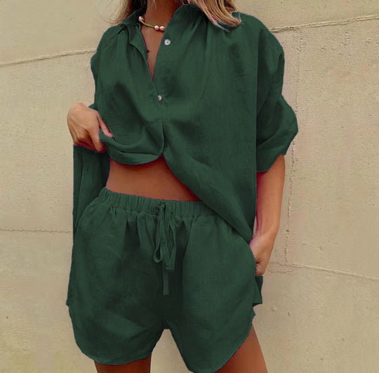 Damen lässiges Leinen-Pyjama-Set mit komfortablem Schnitt EB