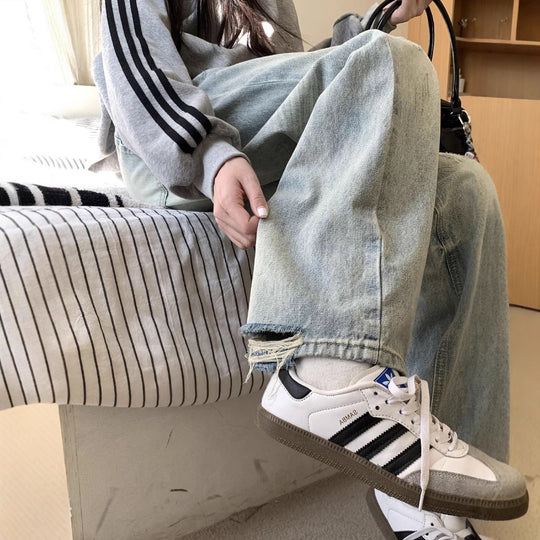 Damen Lässige Weitjeans mit trendigem Used-Look und hohem Bund EB
