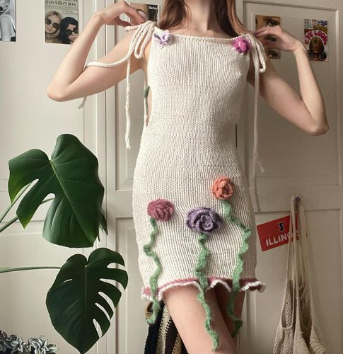 Damen gehäkeltes Sommerkleid mit floralen Applikationen EB