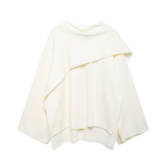 Damen nan zweilagiger Strickponcho mit asymmetrischem Saum und dekorativem Knopfkragen EB