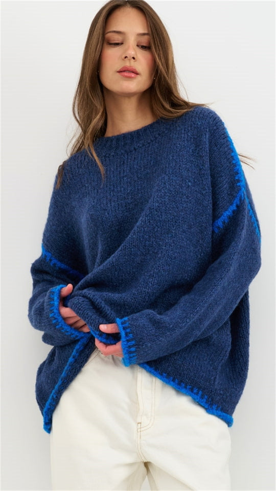 Damen kuscheliger Strickpullover mit kontrastierenden Akzentdetails EB