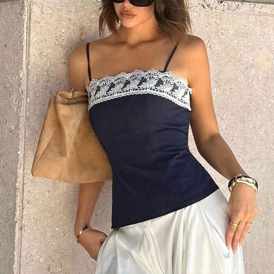 Damen Spaghetti-Träger Top mit elegantem Spitzenrand EB