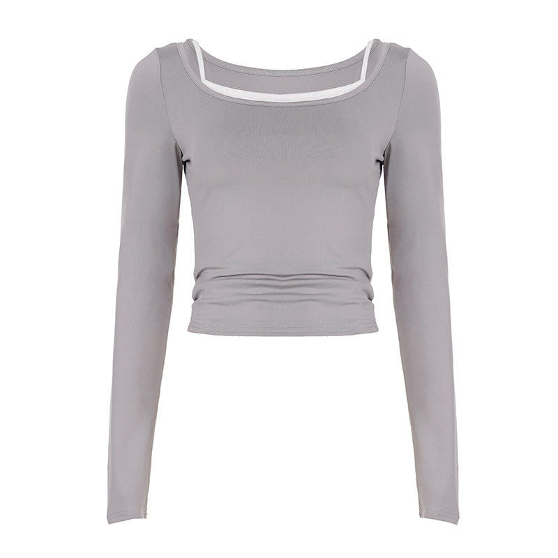 Damen nan tailliertes Longsleeve-Cropped-Top mit eckigem Ausschnitt und doppelten Spaghettiträgern EB