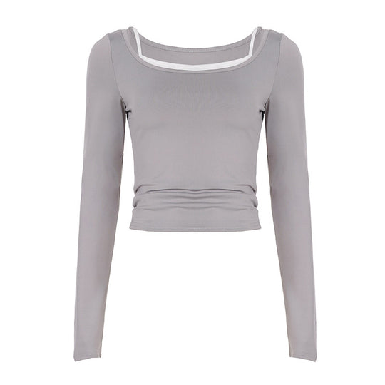 Damen nan tailliertes Longsleeve-Cropped-Top mit eckigem Ausschnitt und doppelten Spaghettiträgern EB