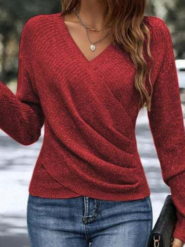 Damen nan figurbetonter Wickel-Strickpullover mit V-Ausschnitt und feiner Rippenstruktur EB