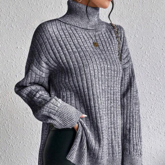 Damen Modischer Rippstrickpullover mit hohem Kragen und lässigem Schnitt EB