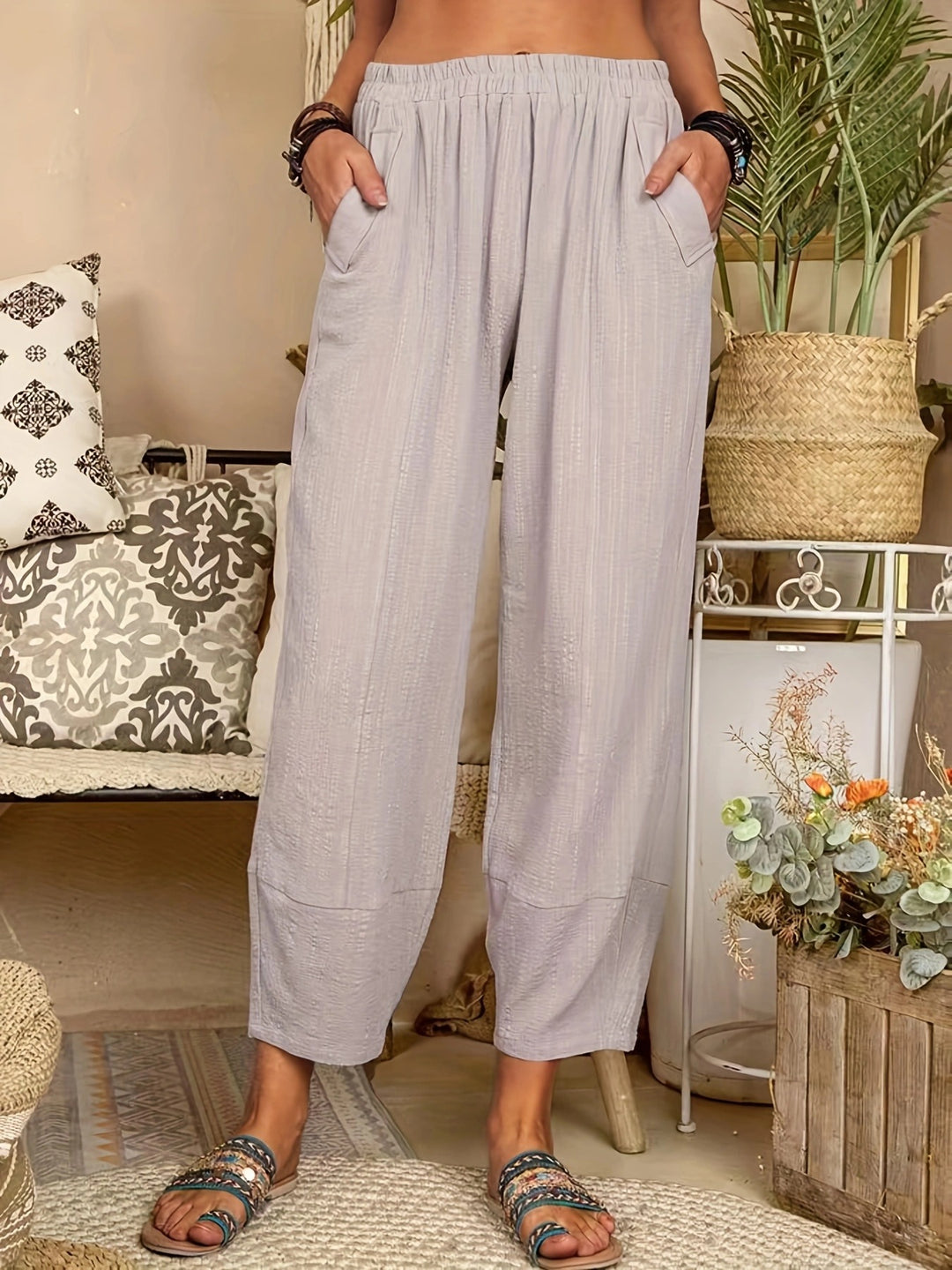 Damen weite Palazzo-Hosen mit elastischem Bund und seitlichen Taschen EB