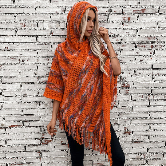 Damen Strickponcho mit Kapuze und fransigem Design EB