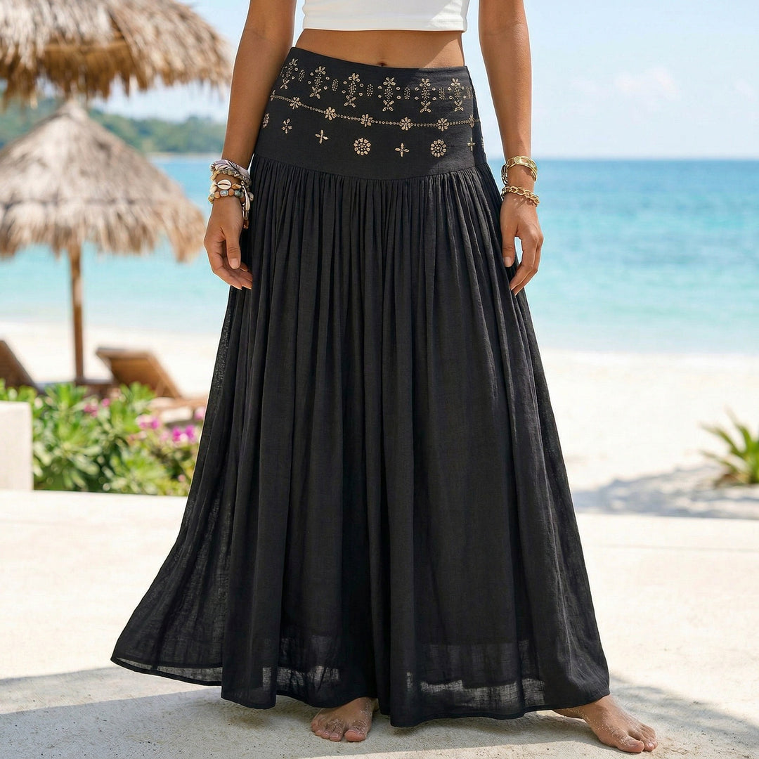 Damen nan maxi-Volantrock mit besticktem Bund und feinen Falten EB