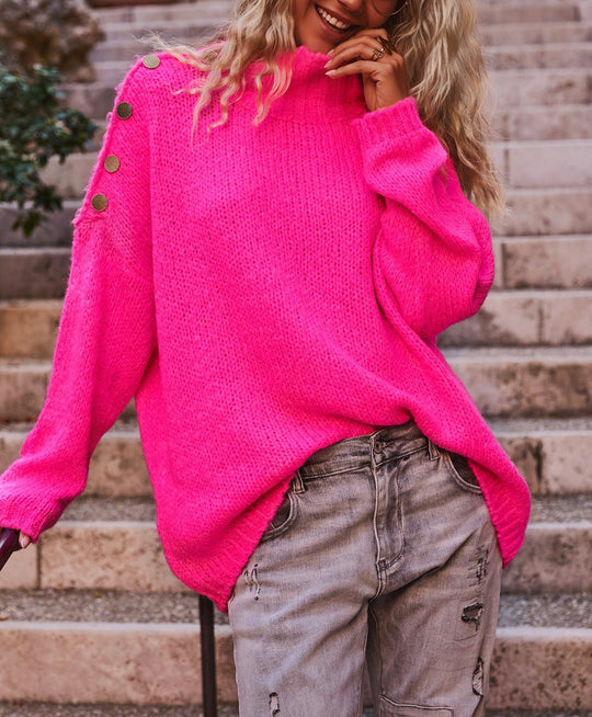 Damen Grobstrickpullover mit hohem Kragen und modischen Knopfdetails EB