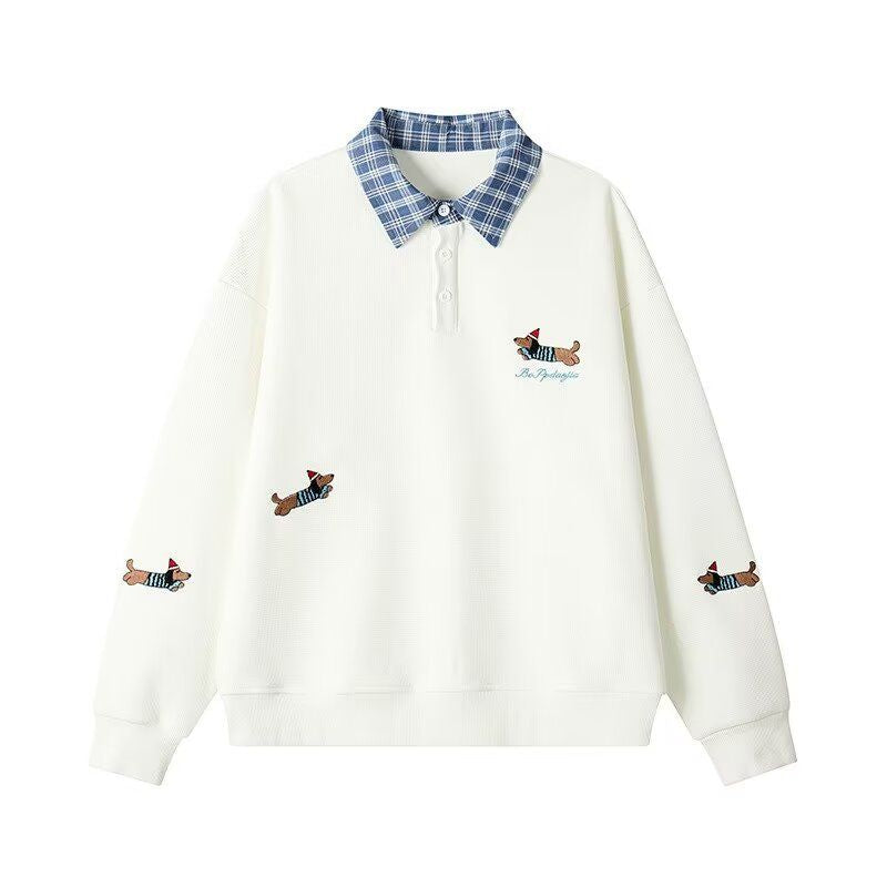 Damen Pullover mit stilvollem Karomuster und tierischem Motiv EB