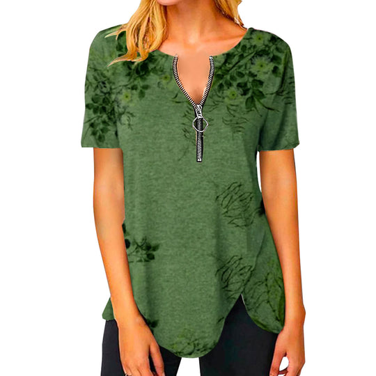 Damen T-Shirt mit halbgeschlossenem Reißverschluss und floralem Muster EB