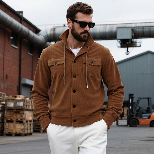 Herren nan gerippte Cord-Überhemdjacke mit Kapuze, Brustklappen und durchgehender Knopfleiste EB