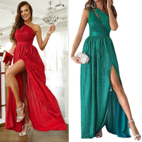 Damen elegantes Abendkleid mit asymmetrischem Ausschnitt und Seitenschlitz EB