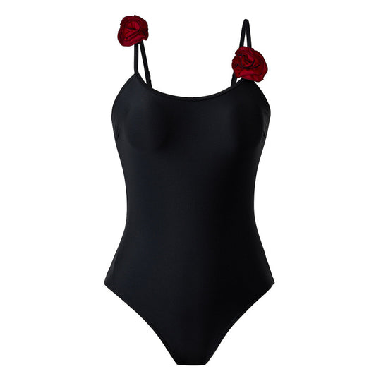 Damen Einteiler Badeanzug mit dekorativen Blumenapplikationen und elegantem Wickelrock EB