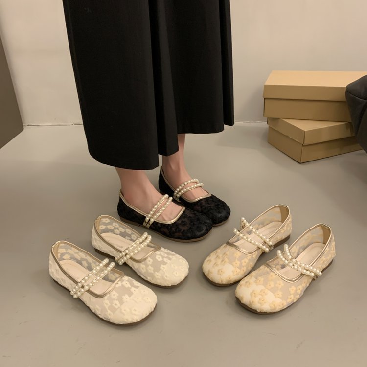 Damen elegante Ballerinas mit dekorativer Perlenapplikation und modischem Riemchen EB