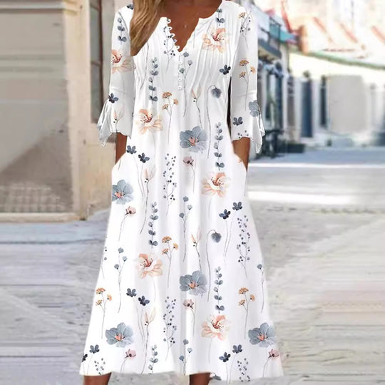 Damen nan fließendes Maxikleid mit V-Ausschnitt, Brustpasse, Volantärmeln und Eingrifftaschen EB