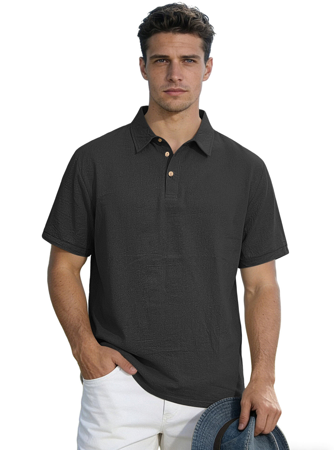 Herren nan legeres Kurzarm-Polo mit Hemdkragen, Kurzknopfleiste und strukturierter Baumwollmischung EB