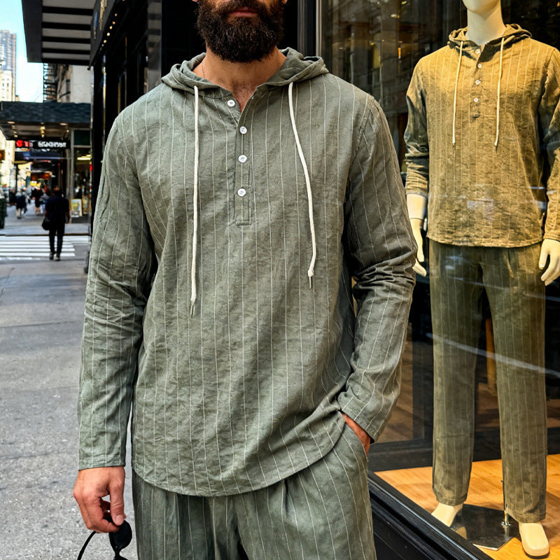 Herren nan Kapuzenshirt aus Leinenmix mit halber Knopfleiste und Nadelstreifen EB