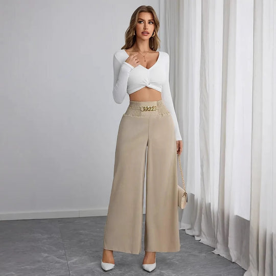 Damen Weite High-Waist Hose mit dekorativem Gummizug und modischem Gürtel EB