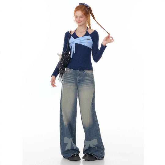 Damen nan hochtaillierte Palazzohose aus Denim mit extra weitem Bein und Schleifenprint EB